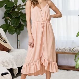 Lulu's Beautiful Views Peach Button-Front Ruffled High-Low Midi Dress Sm…